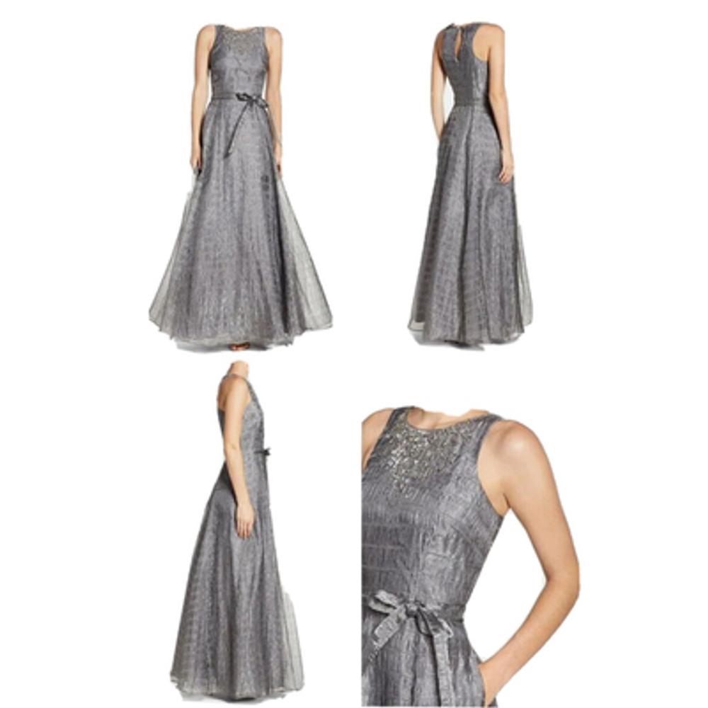 Aidan Mattox Metallic Silver Gray Embellished Neck Sleeveless Maxi Dress Sz 12